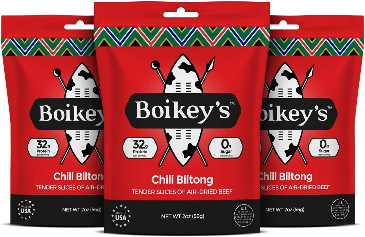 Boikeys Biltong South African Style Beef Jerky - Chili Flavor - Gluten Free - Zero Sugar Keto Friendly - 32g Protein - Premium Round Roast Beef Cuts - Naturally Cured - 2 oz (3 Pack)