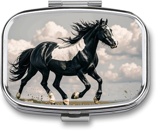 Black and White Horses Running Pill Box 2 Compartment Medicine Pill Case Portable Pill Organizer for Pocket Or Purse Decorative Metal Medicine Vitamin Organizer