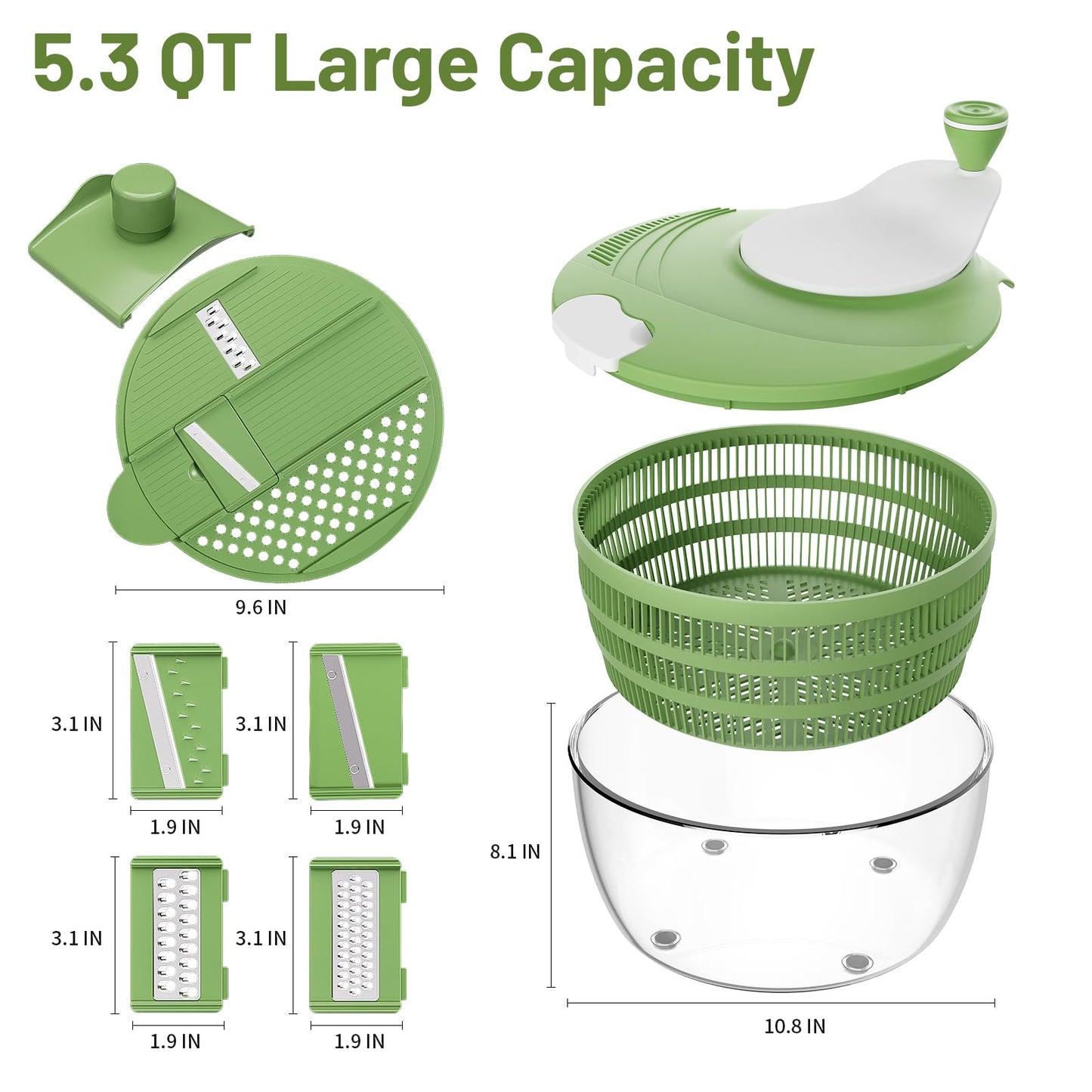SmartTrends Salad Spinner, 5.3 QT Lettuce Spinner with Strainer, Fruit Cleaner with 4 Replaceable Blade for Shredding, Slicing and Pureeing, Salad Washer & Dryer for Quick Washing (Green)