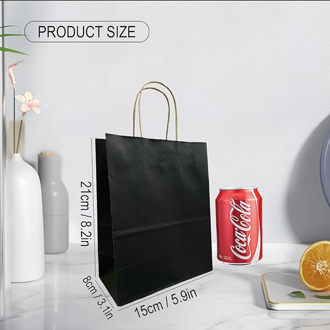 BAG BOX 100 Pack Medium 5.9x3.1x8.25Inch Black Kraft Paper Gift Bags with Handles for Bulk Shopping, Retail, Craft, Party Favors, Wedding, Grocery & Sacks