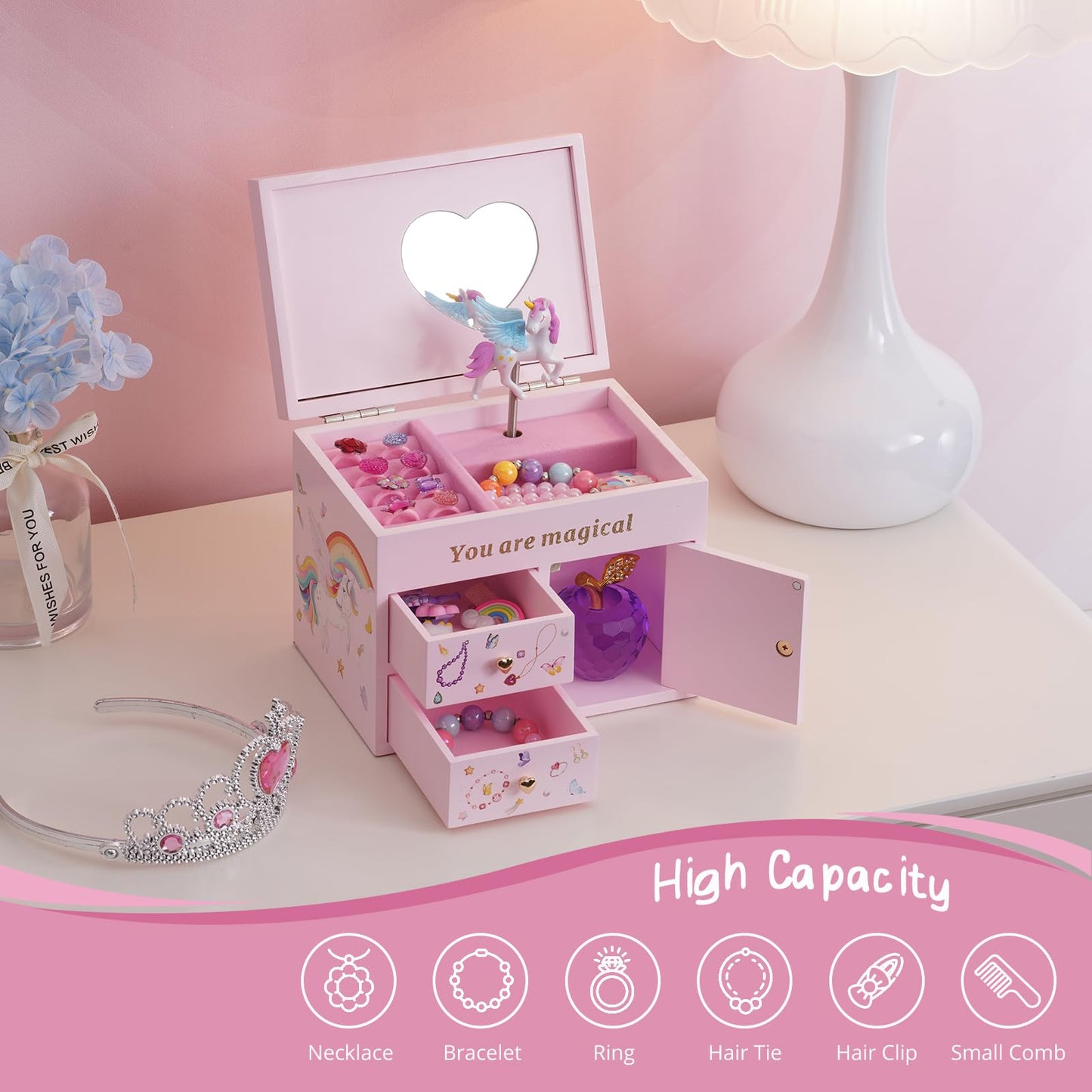 Lolalet Wooden Jewelry Box with Unicorn for Girls, Musical Children's Jewelry Organizer, Gift for Toddler Age 2 3 4 5 6 7 8 9 on Birthday -Pink