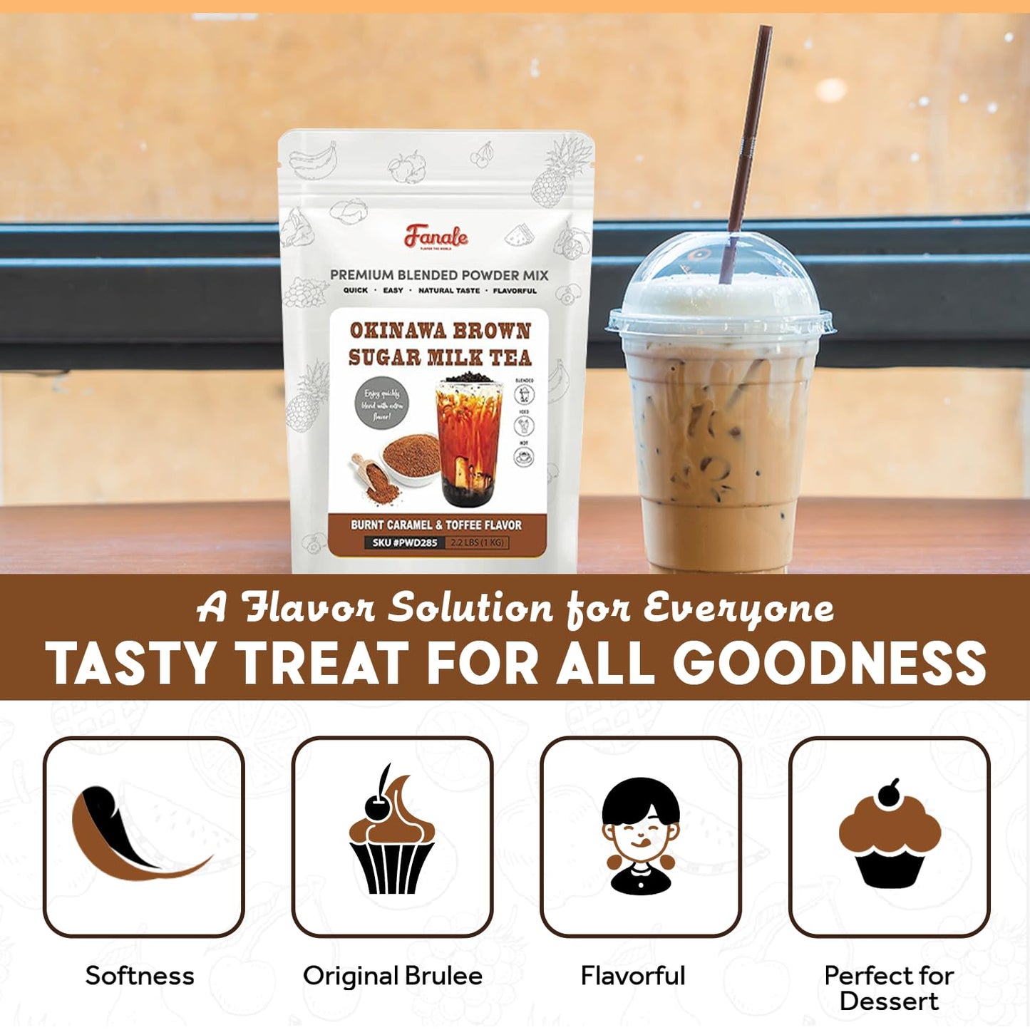 Fanale Premium Okinawa Brown Sugar Bubble Tea Flavoring Powder | Perfect for Baking, Smoothies, Desserts and Drinks | Instant Flavoring Powder for Boba Milk Tea - 2.2 Pounds (Pack of 20).