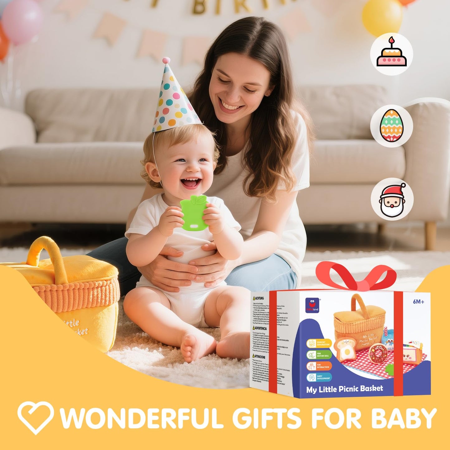 Hahaland Baby Toys 6-12 Months – Picnic Basket Sensory Toy with Crinkle, Rattles, Teether & Mirror, Montessori Play Food Plush for Early Development, Birthday Gifts for 1+ Years Boys & Girls