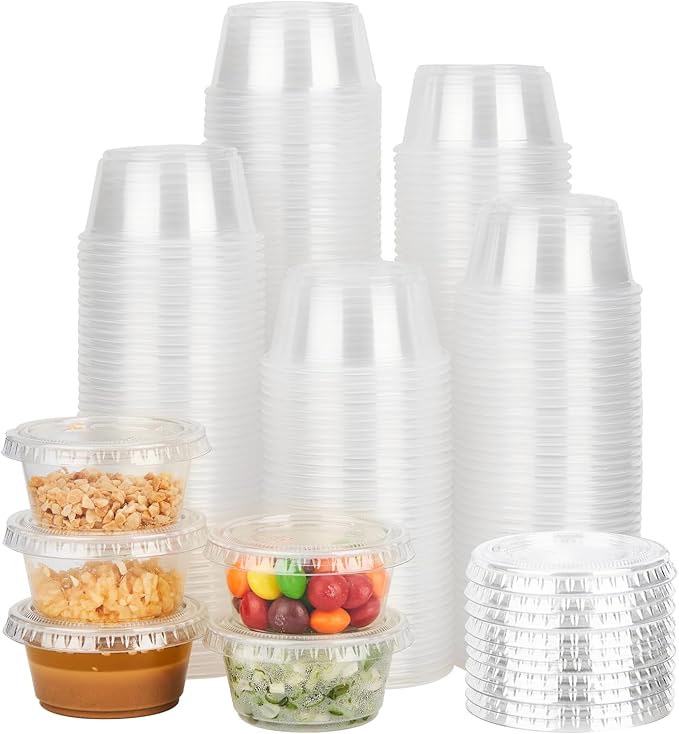 2 oz 500 pack Jello Cups with Lids, Disposable Souffle Cups with Lids, Clear Portion Cups for Dipping Sauce, Salad Dressing, Samples, Meal Prep, and Condiment, Ideal for Lunch, Party to Go, Trips