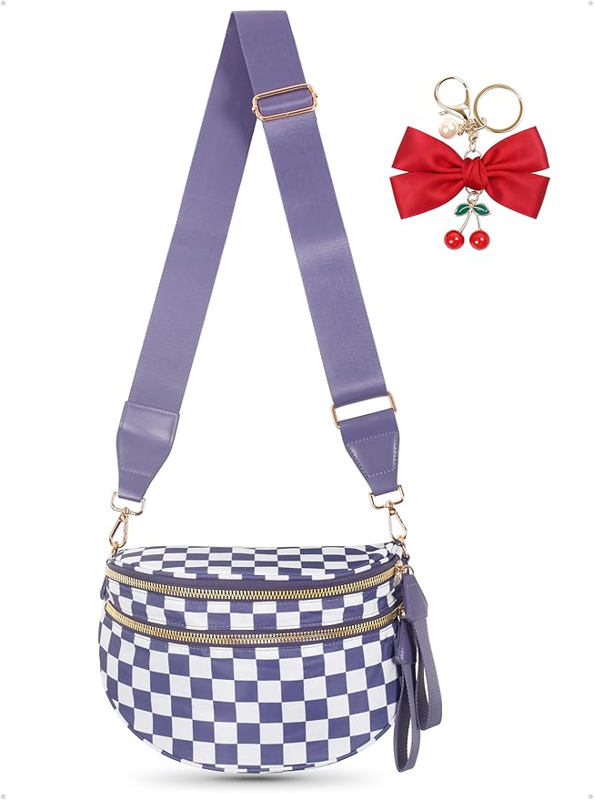 Checkered Crossbody Bag for Women, Spacious Sling & Stylish Bum Bag for Travel, Concerts, Festival, Nylon Fanny Pack Belt Bag (Colour Bum Bag-Cloudy Purple Checkered)