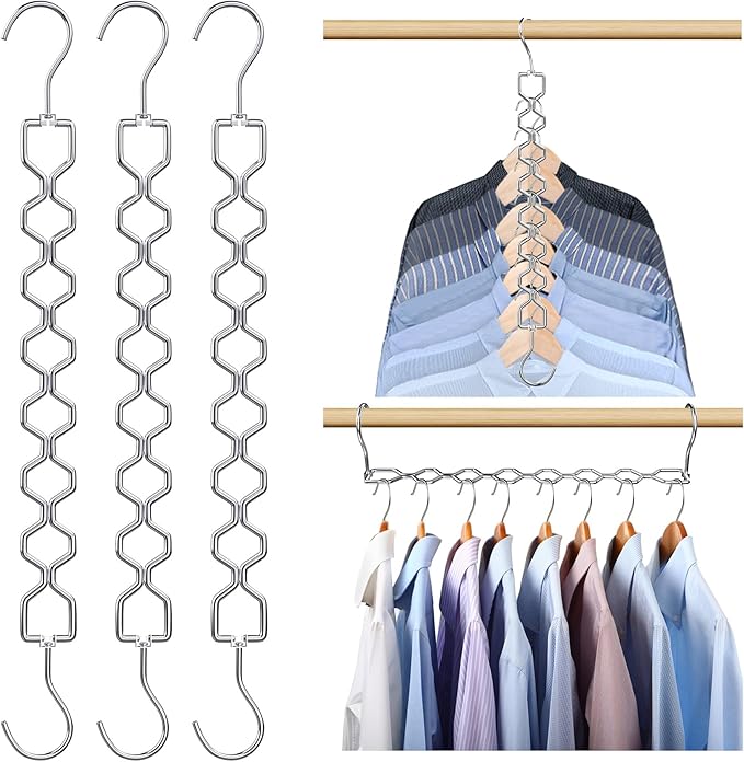 3 Pack Space Saving Hangers for Clothes, Heavy Duty 30Lbs Capacity Magic Clothes Space Saver Sturdy Metal Hanger Organizer with 360Â° Swivel Hook, Closet Organizers Storage Dorm Essentials Silver