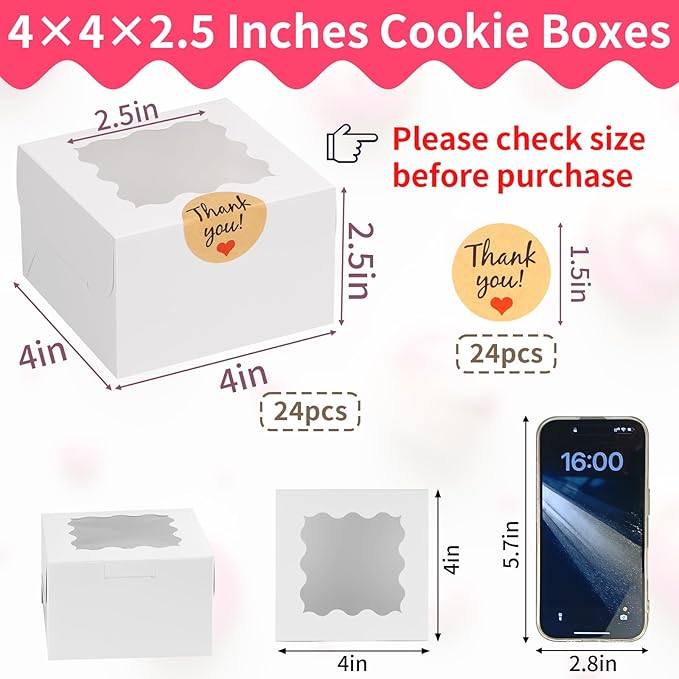 WINKIO 24pcs White Cookie Boxes, 4x4x2.5 Inches Bakery Boxes with Window, for Mini Cake Treat Dessert Pastry Donuts Macaroon Strawberries Chocolate Candy (with Stickers)