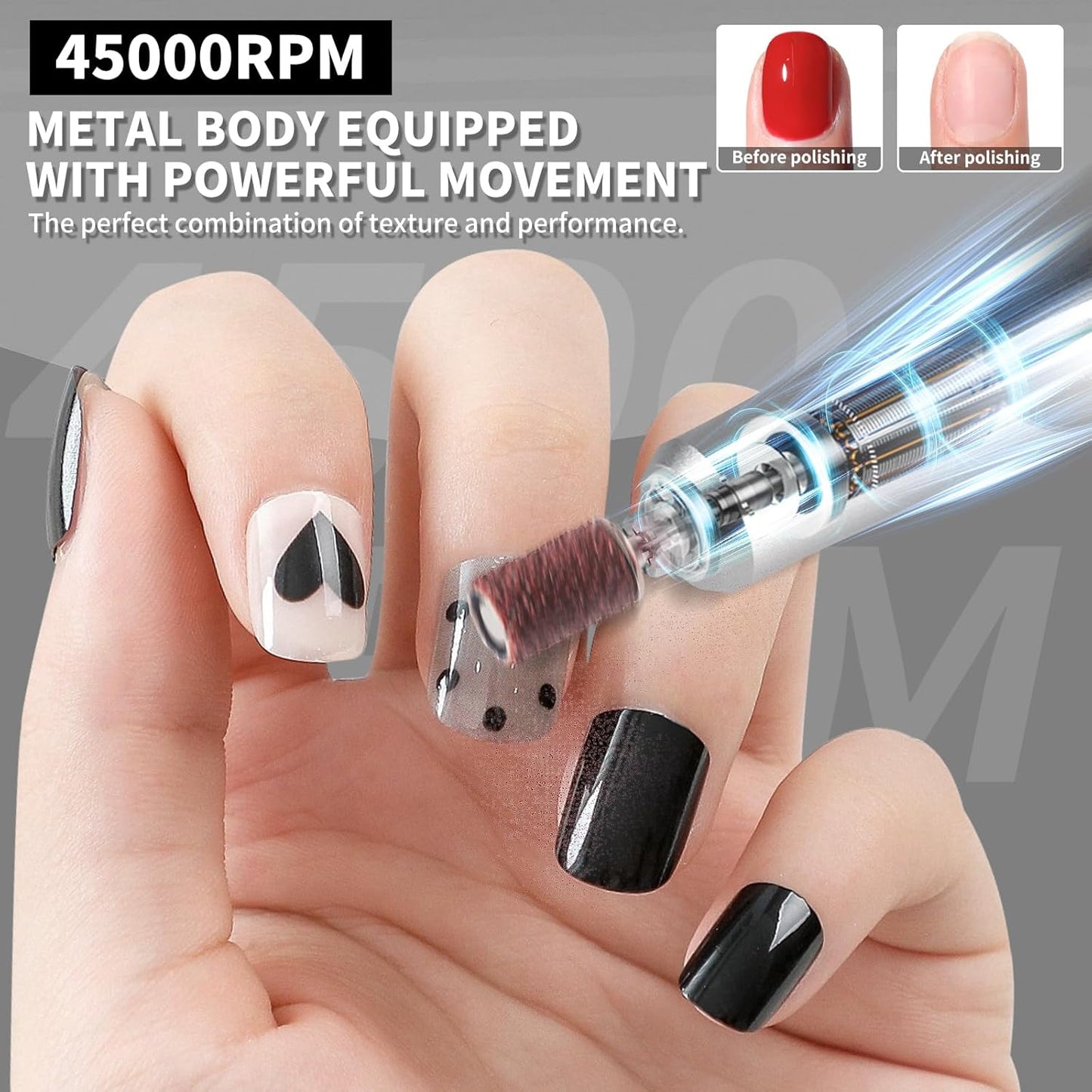 Electric Nail Drill Professional Kit - 45000RPM Electric Nail File Efile Portable Nail Drill Cordless with Bits & Base,E File Machine Nail Grinder for Women (White)