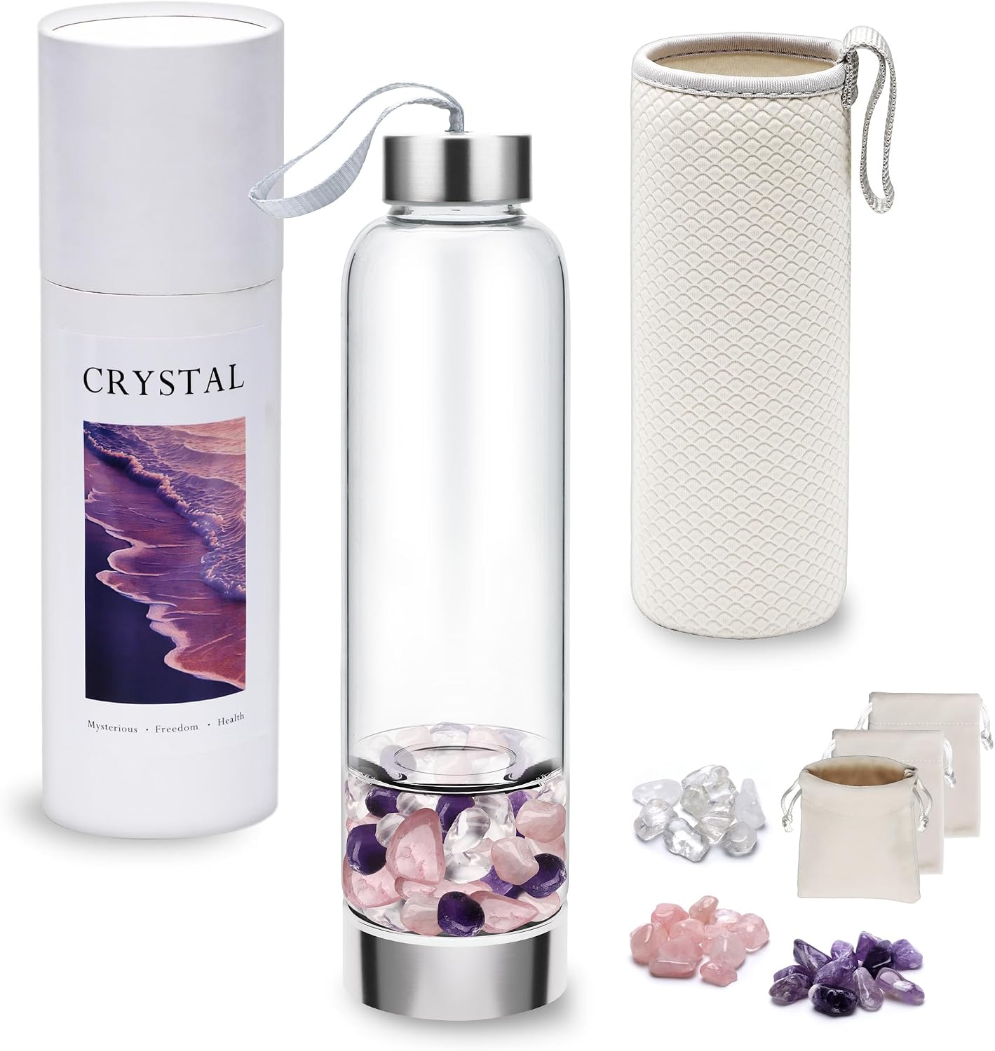 Crystal Water Bottle with 3 Changeable Stones-Amethyst, Rose Quartz & Clear Quartz Crystals,for Tea Lovers