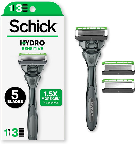 Schick Hydro Sensitive Razors for Men, 1 Razor Handle with 3 Razor Blades Refills
