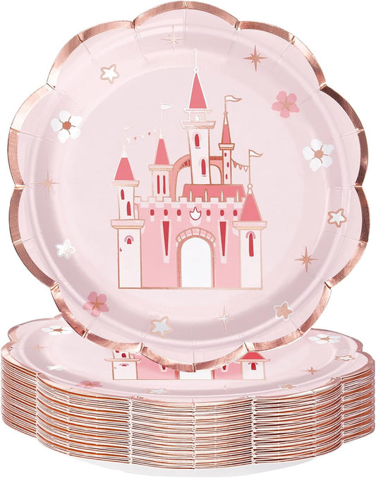 WRAPAHOLIC 25Pcs Castle Paper Plates - 7 Inch Pink Princess Castle Disposable Plates Decorative Dessert Plates for Party Tableware Supplies Table Decor
