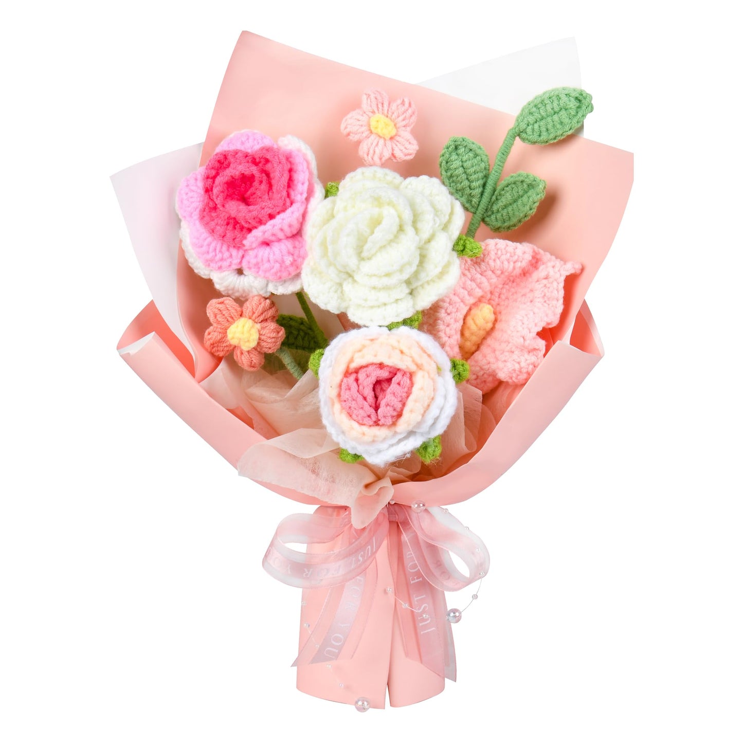 MengxFly Crochet Flower Bouquet Pink Rose, Handmade Crochet Flowers Knitted Bouquet for Birthday, Wedding, Anniversary, Graduation Gift for Her, Girlfriend, Wife, Women (Pink)