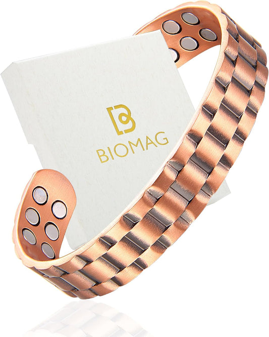 BioMag Magnetic Copper Bracelet for Men, 99.99% Pure Copper Cuff Bangle with 18 Magnets (3500 Gauss), Adjustable Size, Brick Pattern