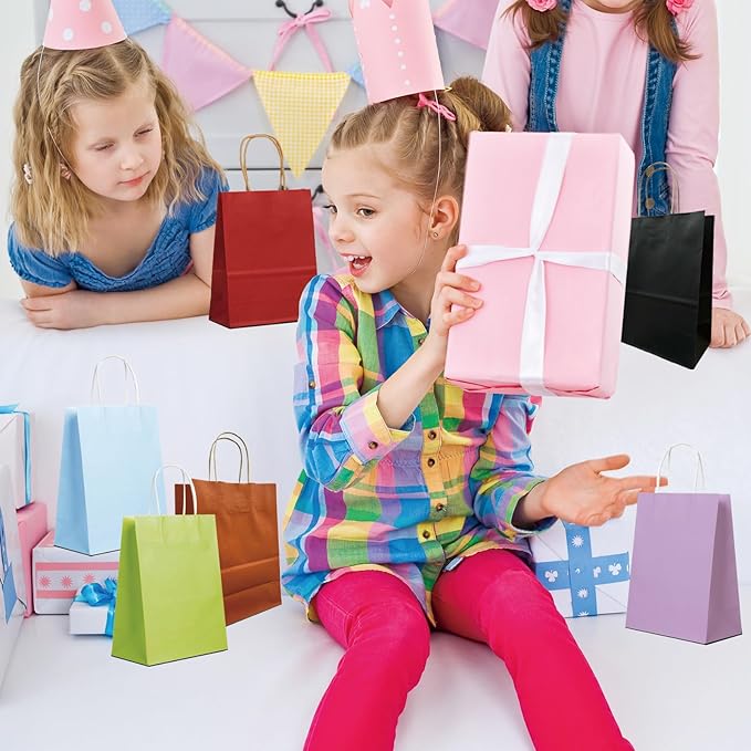BAG BOX 100 Pack Small 5.9 * 3.2 * 8.3 Inch Inch Red Kraft Paper Gift Bags with Handles for Bulk Shopping, Retail, Craft, Party Favors, Wedding, Grocery & Sacks