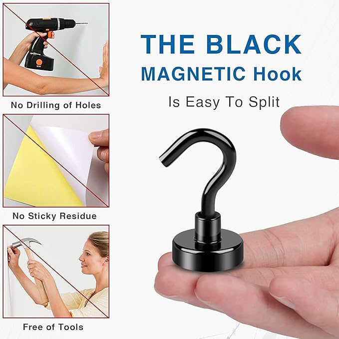 LOVIMAG Magnetic Hooks，30Lbs Black Magnet Hooks for Cruise Cabin, Magnetic Hooks for Hanging, Fridge, Classroom, Refrigerator, Ceiling, Office, Kitchen. Grill, Garage-18Pack