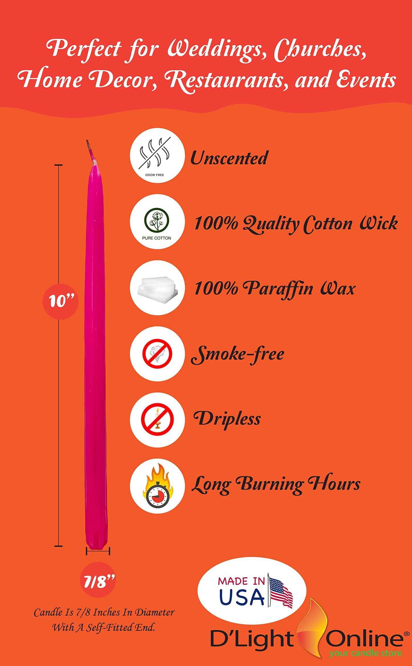 D'light Online Premium Quality Elegant 10" Berry Hot Pink - Fuchsia Taper Candles, Unscented, Hand-Dipped Tapered, Dripless and Smokeless - Set of 12 Individually Wrapped (10 Inch, Berry)