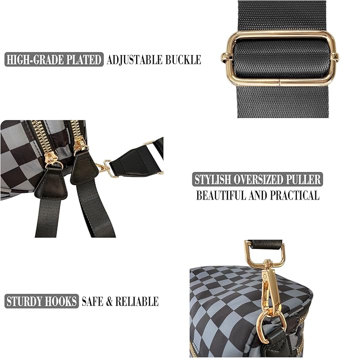 Checkered Crossbody Bag for Women, Spacious Sling & Stylish Bum Bag for Travel, Concerts, Festival, Nylon Fanny Pack Belt Bag (Colour Bum Bag-Black Grey Checkered)