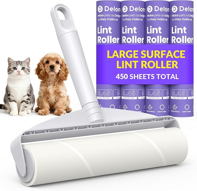 9.45â Large Surface Lint Roller: DELOMO Extra-Wide Sticky Roller for Pet Hair - Cleans Faster on Couches, Beds, Carpets, Clothing, Furniture & Car Seats - 450 Sheets Total - Ideal for Pet Homes