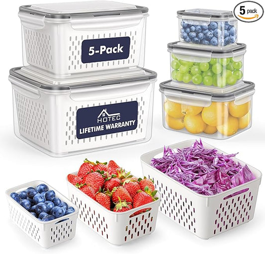 HOTEC 5-Pack Large Fruit Storage Container for Fridge Leak proof with Removable Colander, BPA Free Dishwasher & microwave safe Largest 4.15L