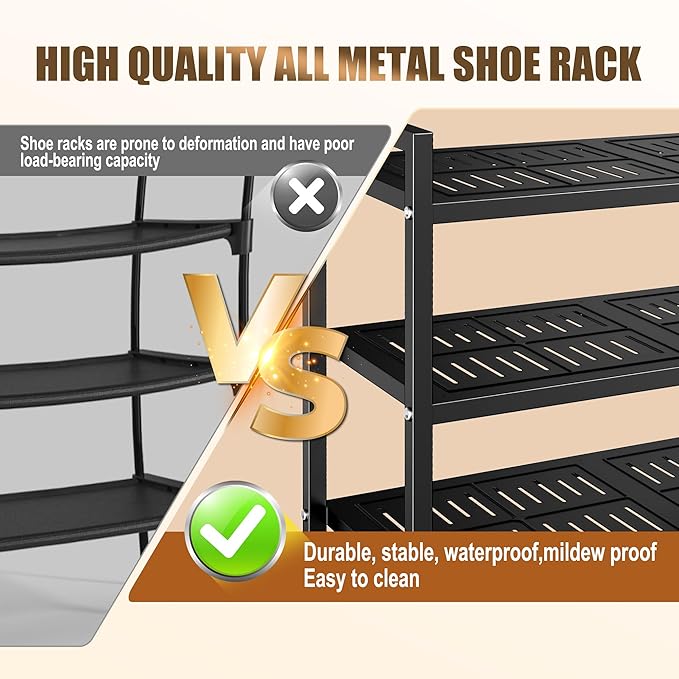 4-Tier Shoe Rack, Large Capacity Metal Free Standing Shoes Rack, Sturdy and Durable Shoe Organizer, Shoe Shelf for Closet, Entryway, Bedroom, for 24-28 Pairs, 42.1" W x 9.8" D x 27.6" H, Black