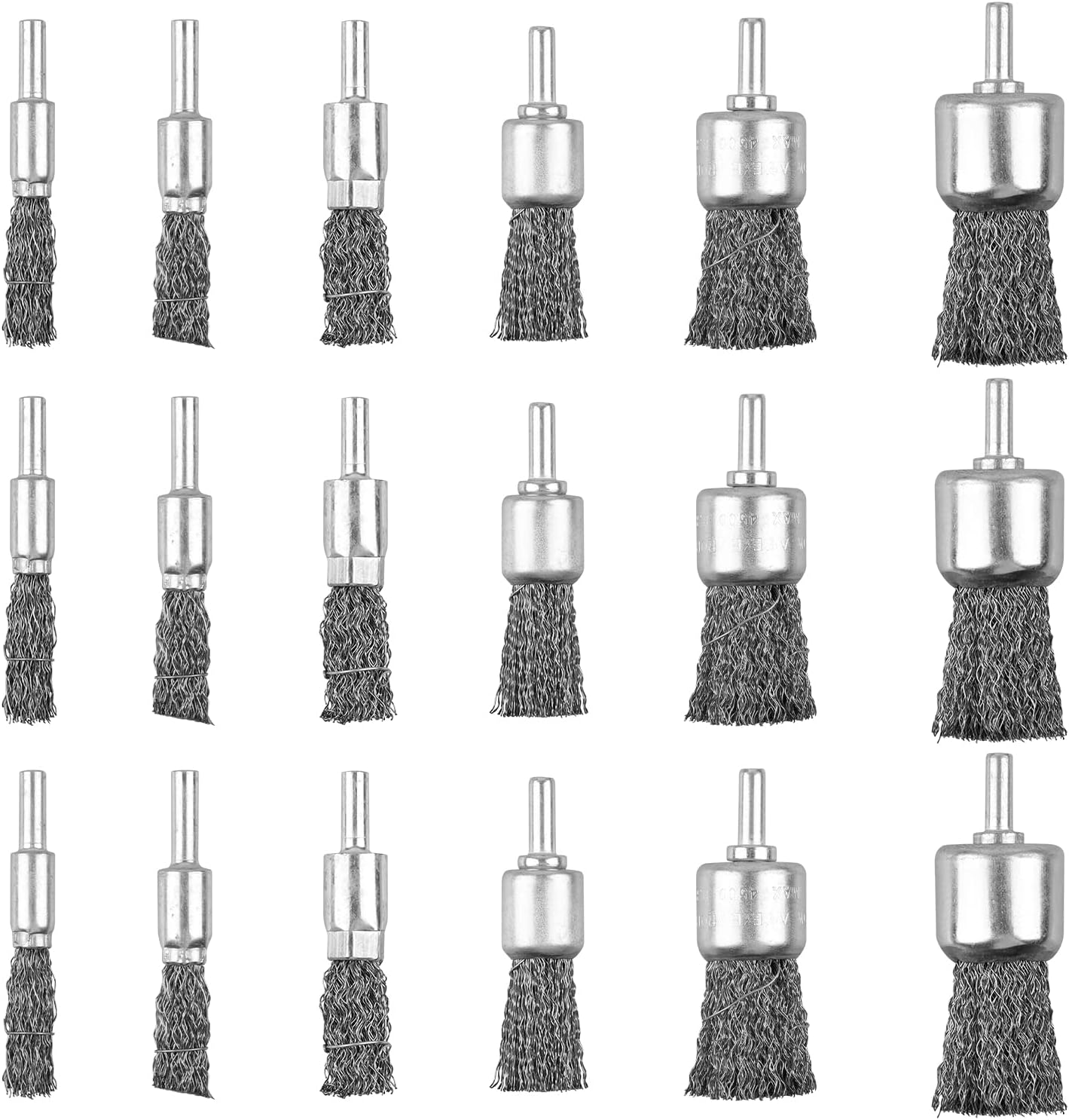 18 Pack Wire End Brush Set, 6 Sizes 0.012" Crimped Carbon Steel Wire Wheel for Drill, 1/4 Inch Shank