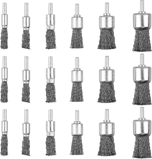 18 Pack Wire End Brush Set, 6 Sizes 0.012" Crimped Carbon Steel Wire Wheel for Drill, 1/4 Inch Shank