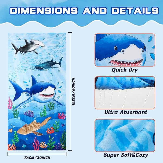WERNNSAI Shark Kids Beach Towel for Boys - 30” x 60” Quick Dry Sand-Free Swim Towels for Boys Super Soft Absorbent Towel, Pool Camping Travel Bath Towel for Outdoor Sports Picnic