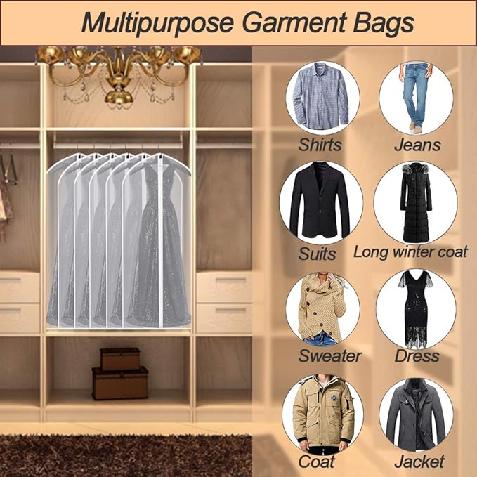Garment Bags Covers (24''X60'' Set of 12) Long Dress Bags for Hanging Clothes (Pack of 6) with Study Full Zipper Coat Covers for Closet Clothes Storage and Travel