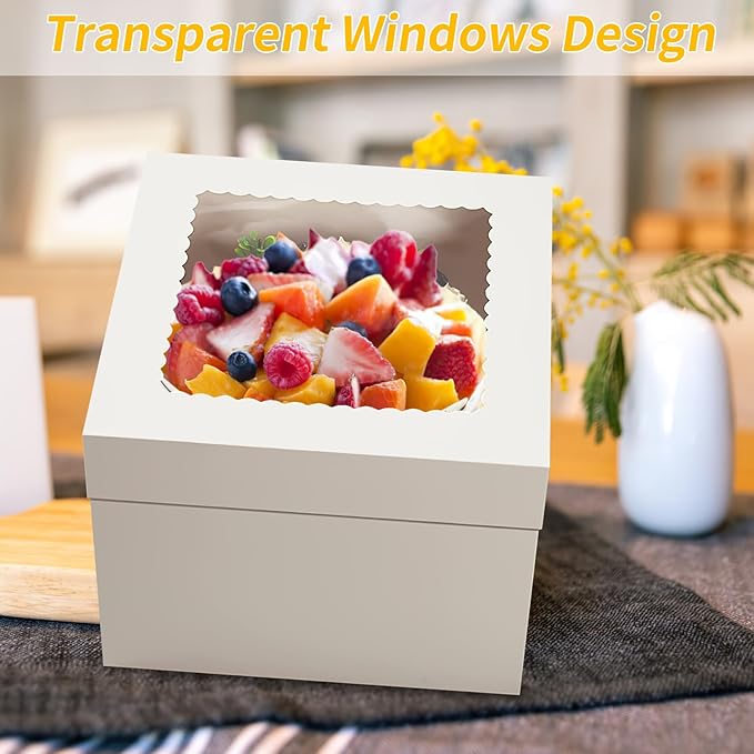 WINKIO 4 Pack Cake Boxes 12 Inch, Disposable Cake Transport Container, Cake Carrier, White Cake Holder with Large Window, for Bakery Cookies Pies Cupcakes Pastry (12×12×8 Inches)