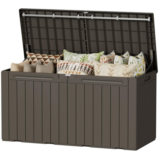 Devoko 100 Gallon Outdoor Storage Box, Waterproof Resin Deck Box for Patio Furniture, Lockable Container for Garden Cushions & Pool Supplies (Brown, 100 Gallon)