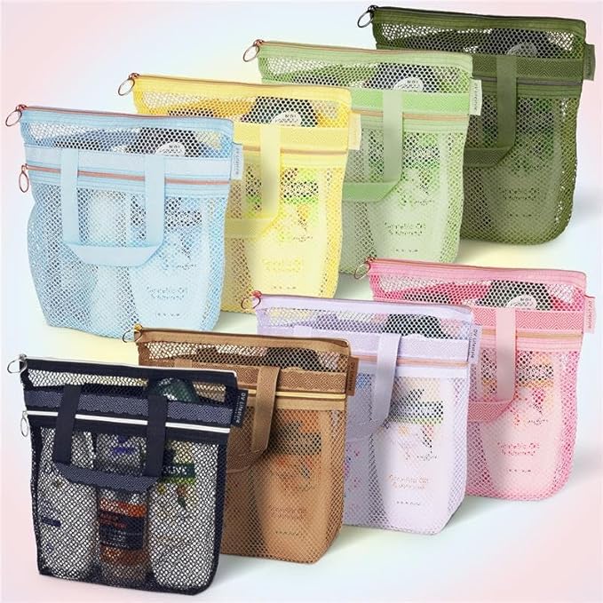 DV Lifestyle Mesh Shower Bag 10.2x9.9'' Quick-Dry Caddy with Zipper & 2 Pockets. Portable Toiletry Tote for Bathroom, Gym, Travel, Camp, Beach, for Sunscreen, Dorm & College Essentials (Yellow)