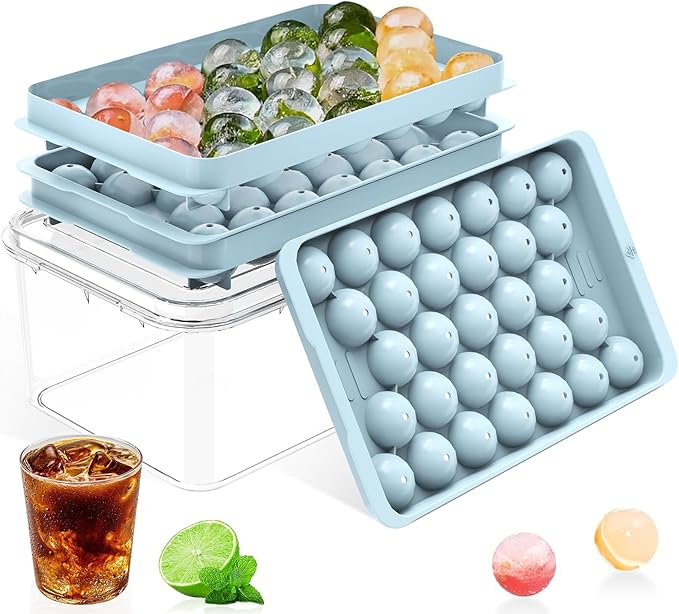 Ice Cube Tray with Lid and Bin â Round Ice Cube Trays for Freezer, BPA-Free Food-Grade Ice Mold, Stackable Ice Ball Maker, Iced Bucket Kits, Circle Ice Tray for Cocktails, Whiskey, Coffee, and Drinks