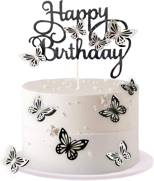 13-Piece Butterfly Cake Toppers - 3D Butterfly Cupcake Toppers for Girls & Women's Birthdays (Black & White)