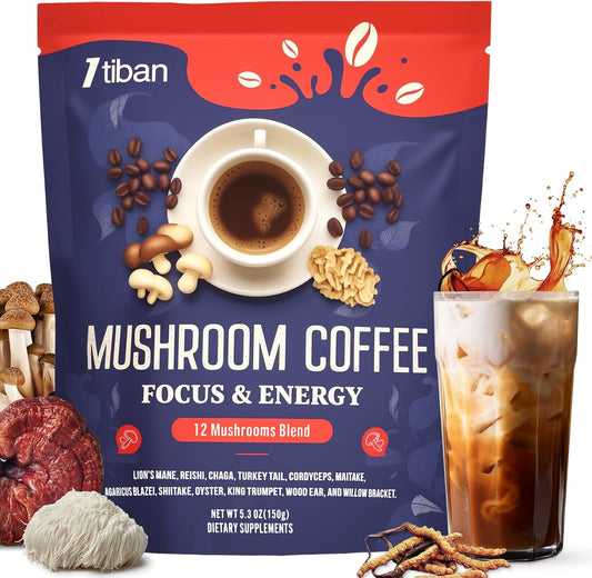 Mushroom Coffee, 12 Mushrooms Powder Blend Ashwagandha, Lion's Mane, Chaga and Probiotics, Mushrooms Instant Coffee Latte for Focus, Gut & Immunity Health- 30 Servings