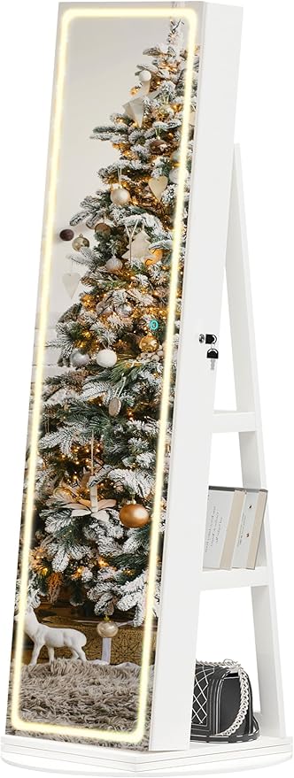 LED Mirror Jewelry Cabinet Standing, Swivel Jewelry Armoire with Full Length LED Mirror and Adjustable Lights, Lockable Standing Jewelry Storage Organizer, White