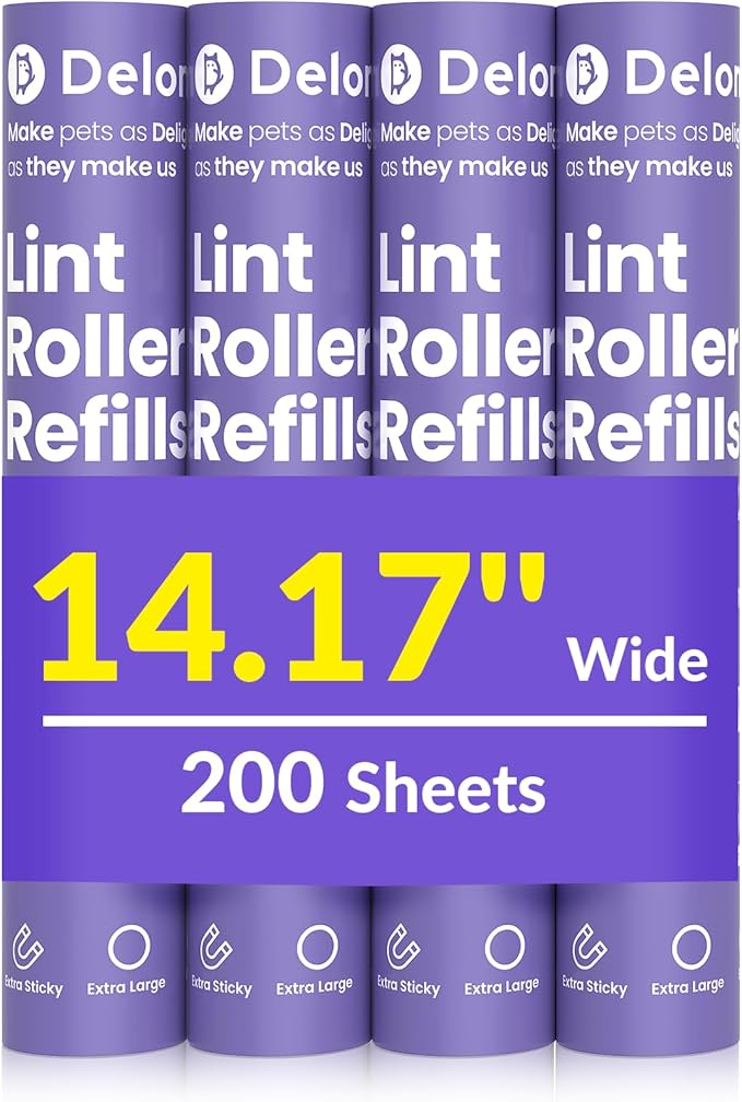 DELOMO 14.17" Large Lint Roller Refills (4 Packs 200 Sheets) â Compatible Only with DELOMO 14.17 in Giant Lint Roller â Extra Sticky Floor Lint Roller Refill for Carpets, Bedding, Couches, Pet Hair