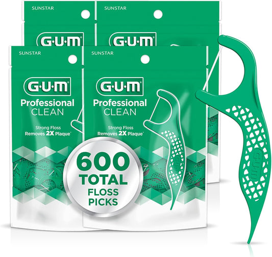GUM Professional Clean Dental Floss Picks, Extra-Strong Shred-Resistant Floss with Easy-Grip Handle, Fresh Mint Flavor, 150 Count (Pack of 4) 600 Total