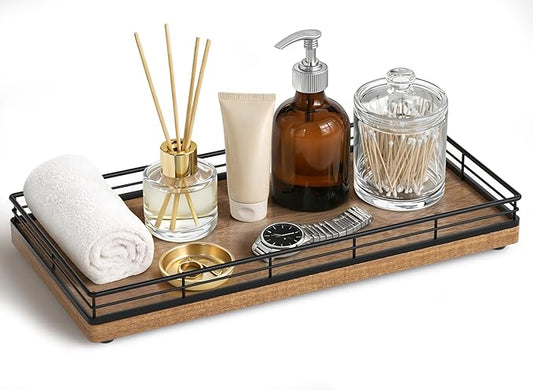 Bathroom Vanity Tray â 12" x 6" Acacia Decorative Wooden Tray for Toilet Tank Organizer Wood Tray for Bathroom Countertop, Soap, Perfume Accessories Storage, Vanity Dresser Decor Black & Acacia