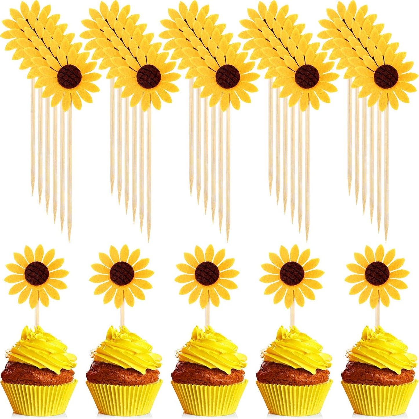 60 Pieces Sunflower Cupcake Toppers Yellow Flower Cake Picks Sunflower Toothpicks Summer Food Picks for Wedding Party Supplies Birthday Cake Decorations