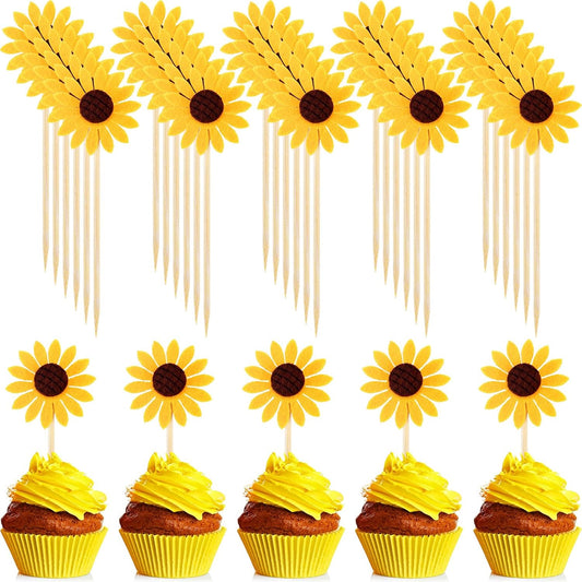60 Pieces Sunflower Cupcake Toppers Yellow Flower Cake Picks Sunflower Toothpicks Summer Food Picks for Wedding Party Supplies Birthday Cake Decorations