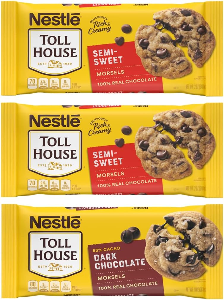 Nestlé Toll House Chocolate Chips, Pack of 3 – Includes Two, 12 oz. Bags of Semi-Sweet Chocolate Chips and One, 10 oz. Bag of Dark Chocolate Chips