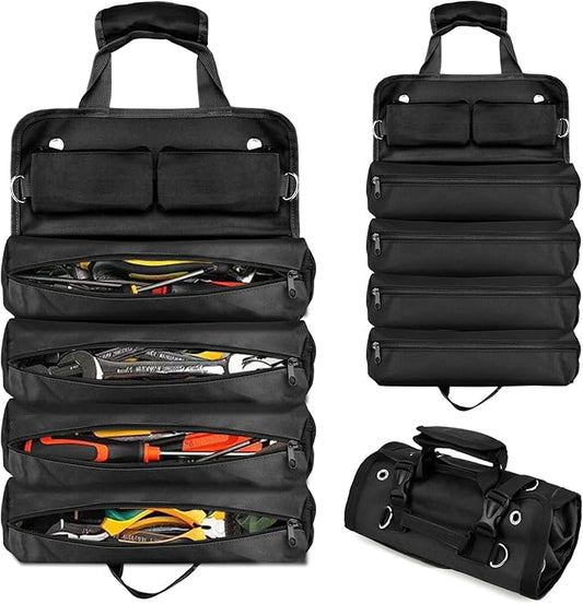 Roll-Up Tool Bag Heavy-Duty Waterproof - 4 Compartments & 2 Detachable Pouches | Compact Tool Organizer for Mechanics, RV & Motorcycle Storage, Handyman & Electricians (Black, Large)