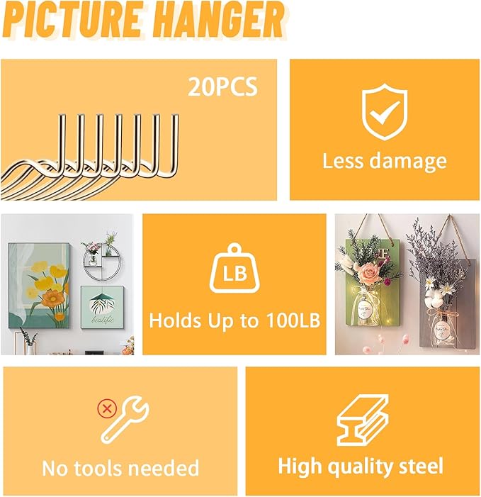 FURHUA 20pcs Aeneous Super Hook Picture Hangers and Office Pack, Drywall Hooks for Hanging Pictures, Wall Hooks, Picture Hangers, Picture Hanging Kit，Hang Art, Clock, Shelves, Mirrors