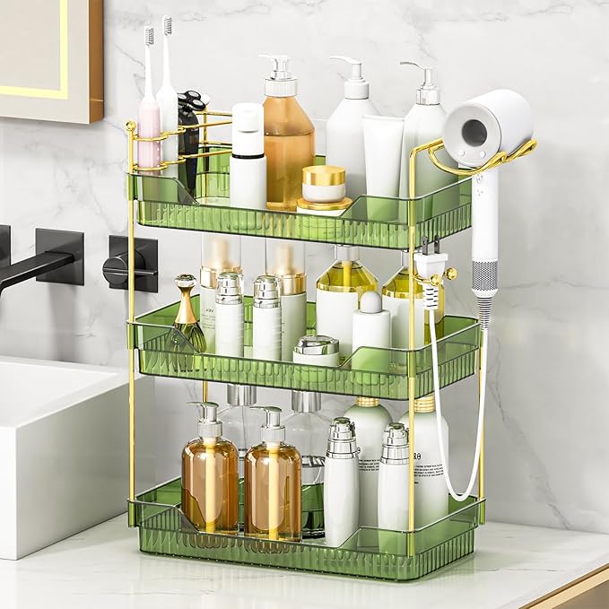 Bathroom Counter Organizer with Hair Dryer Holder and Toothbrush Holder, Acrylic Vanity Tray for Skincare, Perfume, Makeup Storage on Countertop ï¼ Dresser (Green, 3-Tier)