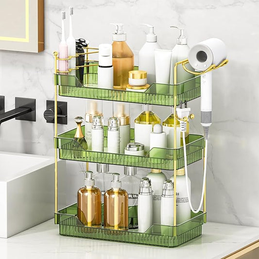 Bathroom Counter Organizer with Hair Dryer Holder and Toothbrush Holder, Acrylic Vanity Tray for Skincare, Perfume, Makeup Storage on Countertop ï¼ Dresser (Green, 3-Tier)