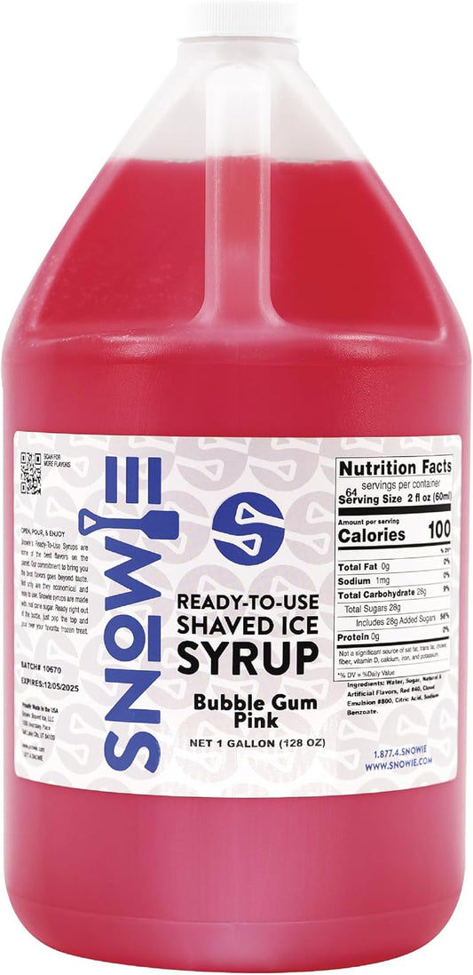 SNOWIE - Shaved Ice Snow Cone Ready to Use Syrup - Gallon (Flavor: Bubble Gum Pink)