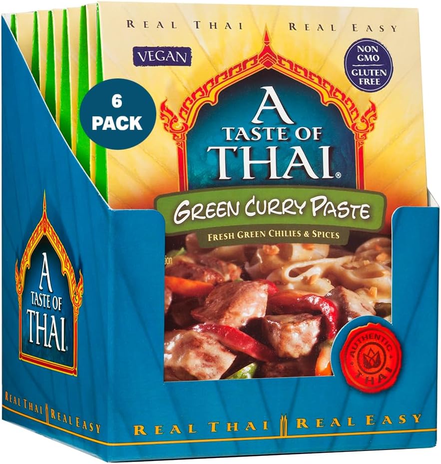 A Taste of Thai Green Curry Paste – Authentic & Natural Ready-to-Use Thai Curry Paste – Vegan, Gluten‑Free & Non‑GMO – Spicy, Fresh Flavor for Curries, Stir‑Fries, Soups & Dips - 1.75 oz (Pack of 6)