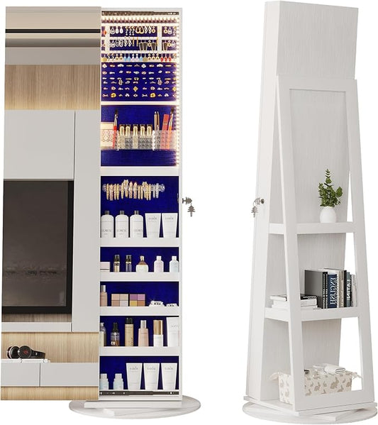 LVSOMT 360Â° Swivel Jewelry Mirror Cabinet with Lights, Standing Jewelry Armoire Organizer, 63" Rotatable Full-Length Mirror with Jewelry Storage, Lockable with Back Storage Shelve, White
