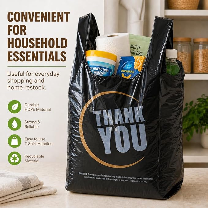YoYoRain Black Thank you T shirt bag, Grocery shopping bag Reusable and Disposable Supermarket Bag 11''x6''x21'' 300PCS