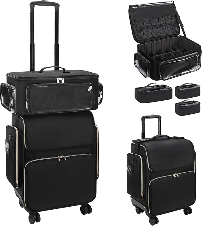 OCHEAL Hairstylist Traveling Case with a Large Makeup Travel Case with side Pocket for Hairstylist, Hairdresser Bag with Detachable Pouch,360Â° Rotatable Wheelsfor Hairdressing Tool Organizer